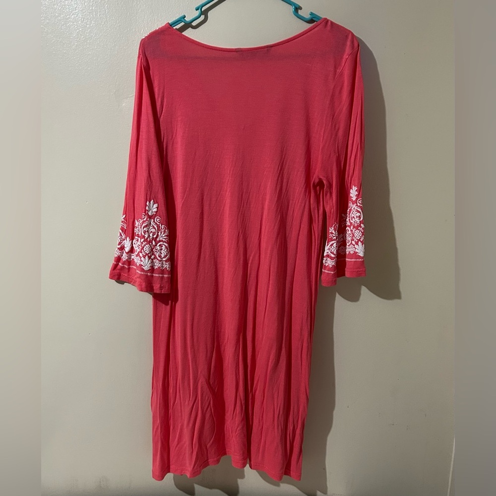 Boho Women’s Dress XL Pink White Mini V-neck Ornate Print Bell Sleeves Stretch - Picture 2 of 8